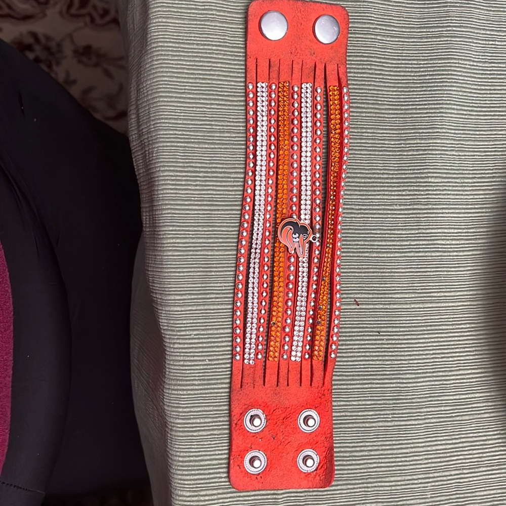 Orioles MLB orange leather snap bracelet with rhinestones, missing 6 stones,